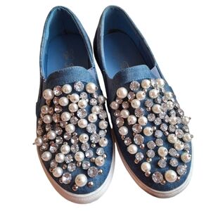Vigo Fiore Chic-22 Studded Pearl Rhinestone Denim Slip-On Sneaker Women Size 6.5